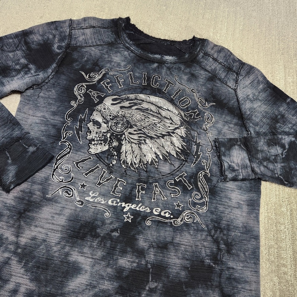 Affliction Thermal Shirt Men XXL Y2K Tie Dye Indian Head Live Fast‎ Reversible